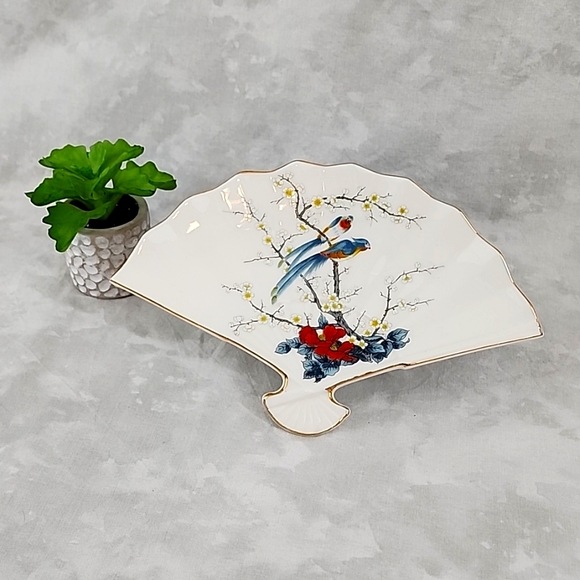Vintage Ceramic Fan Dish with Birds & Cherry Blossoms from Japan - Picture 1 of 7